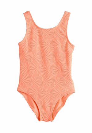 Korallenroter Badeanzug mit Muschel-Muster, strukturierter Stoff, rundem Ausschnitt und breiten Trägern. Glatte Oberfläche und elastisches Material.