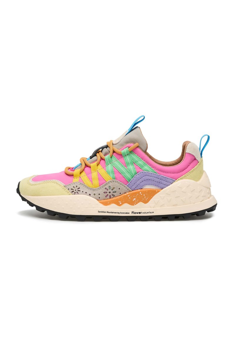Colorful sneaker with a mix of pink, yellow, green, and purple. Features suede and mesh materials, textured sole, and unique flower designs.