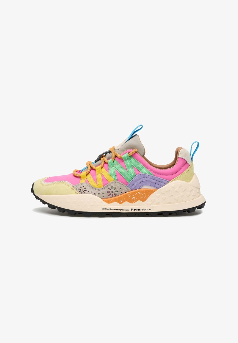 Colorful sneaker with a mix of pink, yellow, green, and purple. Features suede and mesh materials, textured sole, and unique flower designs.