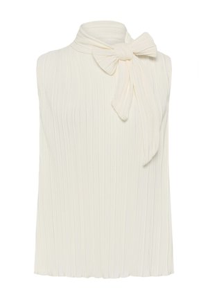 Be rankovių, dramblio kaulo spalvos plisuota palaidinė su aukšta apykakle ir dekoratyvine kaspinu, surištu kairėje pusėje.