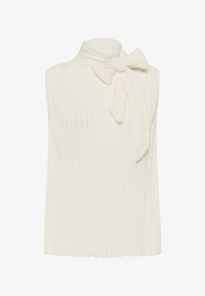 Ärmellose elfenbeinfarbene plissierte Bluse mit hohem Ausschnitt und dekorativer Schleife, die auf der linken Seite gebunden ist.