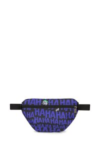 Marsupio in tessuto viola e nero con un audace motivo "HA", chiusura con zip e un piccolo dettaglio grafico sul davanti.