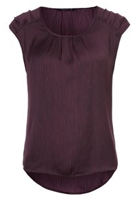 Blusa senza maniche di colore prugna scuro con un design a strisce testurizzato, spalle plissettate e orlo arrotondato. Tessuto morbido e leggero.