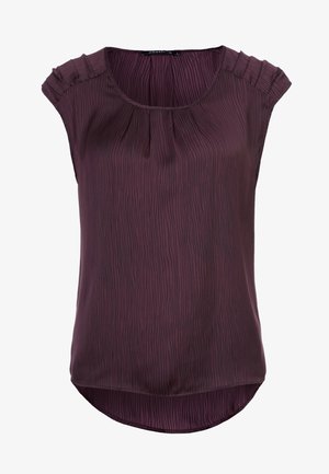 Blusa senza maniche di colore prugna scuro con un design a strisce testurizzato, spalle plissettate e orlo arrotondato. Tessuto morbido e leggero.
