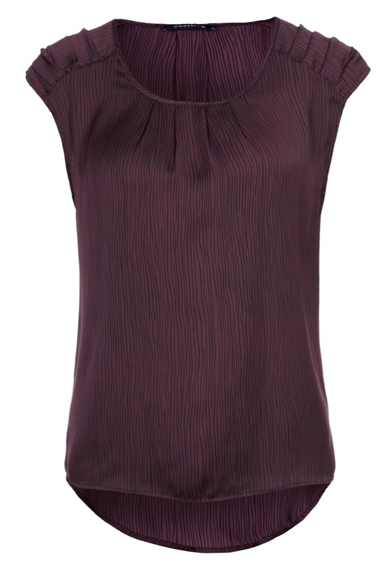 Blusa sin mangas de color ciruela oscuro con un diseño de rayas texturizadas, hombros plisados y un dobladillo redondeado. Tejido suave y ligero.