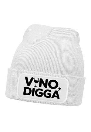 White knit beanie with a folded brim, featuring a black patch that reads "VINO, DIGGA" and an illustration of a wine glass.