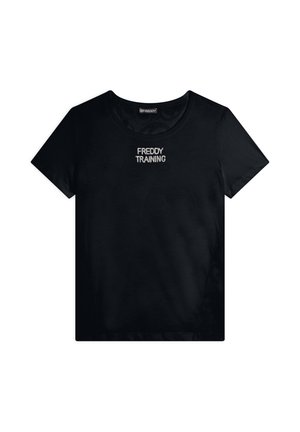 T-shirt en coton noir à manches courtes et col rond. Présente le texte « FREDDY TRAINING » en blanc à l'avant. Texture lisse.