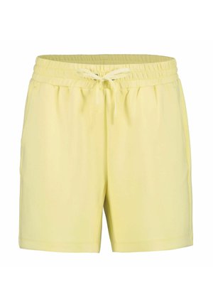 Light yellow shorts with an elastic waistband, drawstring detail, smooth texture, and side pockets. Features a relaxed fit and mid-thigh length.
