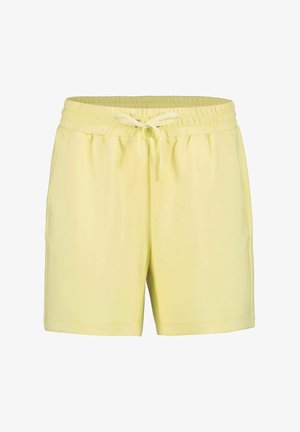 Vaaleankeltaiset shortsit, joissa on joustava vyötärönauha, kiristysnauhan yksityiskohta, sileä kangas ja sivutaskut. Rentoon istuvuuteen ja reiden keskikorkeuteen sopivat.