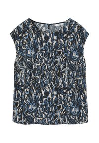 Top a maniche corte in un tessuto fluido con un motivo astratto blu, nero e bianco; scollatura rotonda con dettaglio a chiave sul retro.