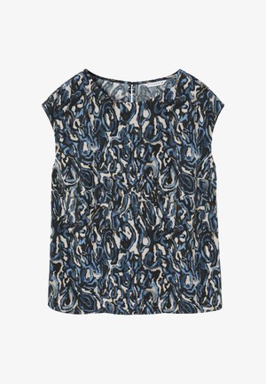 Krótki rękaw top w zwiewnym materiale z niebiesko-czarną-białą abstrakcyjną grafiką; okrągły dekolt z małym otworem na plecach.