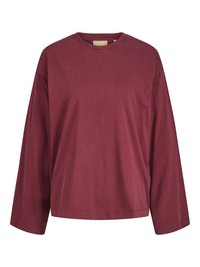 Bordeauxfarbene langärmlige Baumwoll-T-Shirt mit rundem Halsausschnitt, lockerer Passform und minimalen Nähten an den Bündchen und dem Saum.