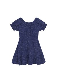Marineblaues Kleid mit kurzen Puffärmeln, tailliertem Oberteil und ausgestellt Rock. Blumenmuster über das gesamte Kleid und Rüschendetail am Saum.