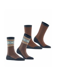 Ein Paar gemusterte Socken; dunkelmarinefarbige Bündchen, leuchtend orangefarbenes Oberteil mit geometrischen Mustern und hellblauen Akzenten; glatte Textur und mittlere Höhe.