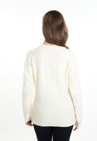 Crème-kleurige gebreide trui met lange mouwen, ronde halslijn en een zachte, donzige textuur. Iets langere achterkant, gedragen met zwarte broek.