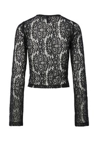 Crna čipkana dugacima rukavima kratka majica s cvjetnim uzorkom, okruglim izrezom i teksturiranom tkaninom koja ima lagano prozirni izgled.