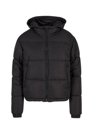 Chaqueta acolchada negra con capucha, que cuenta con un cierre de cremallera en la parte frontal, puños elásticos y un diseño acolchado, ofreciendo calor y un estilo casual.