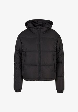 Čierna prešívaná bunda s kapucňou, so zipsom na prednej strane, elastickými manžetami a prešívaným dizajnom, ktorý poskytuje teplo a ležérny vzhľad.