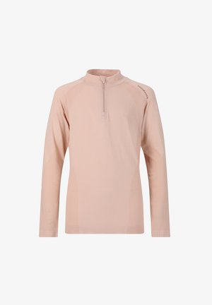 Langärmliges Sportoberteil in Hellrosa, mit einem halben Reißverschluss am Hals, gerippten Akzenten und einer taillierten Form mit strukturierten Mustern an den Ärmeln.