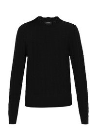 Czarny sweter wykonany na drutach z teksturowanym wzorem w warkocze, okrągłym dekoltem oraz ściągaczami na mankietach i dole. Miękka tkanina w klasycznym kroju.