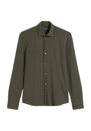Dark green long-sleeve shirt made from soft fabric, featuring a button-down placket, pointed collar, and standard cuffs.