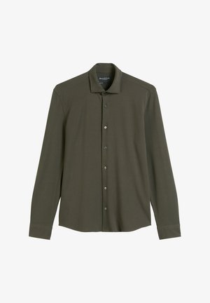 Dunkelgrünes Langarmshirt aus weichem Stoff, mit Knopfleiste, spitzem Kragen und Standardmanschetten.