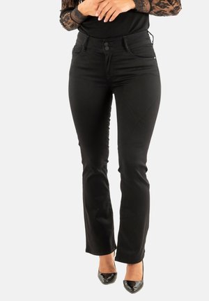 Jeans in denim elasticizzato nero con taglio dritto, due tasche frontali e chiusura a bottoni. Texture liscia con hardware minimale.