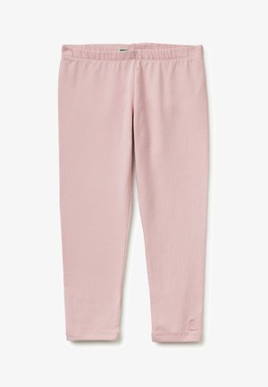 Weiche rosa Leggings bis zur Mitte der Wade mit elastischem Bund und kleinem gesticktem Logo am unteren Saum des linken Beins.