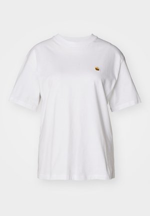 Weißes Baumwoll-T-Shirt mit lockerem Schnitt, kurzen Ärmeln und einem kleinen gestickten Logo auf der linken Brustseite.