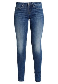 Blå denim skinny jeans med en urtvättad look, femficksdesign och knäppning i midjan. Slät textur genom hela plagget.