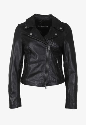 Black leather motorcycle jacket with a zip front, snap lapels, two side zip pockets, and a fitted design. Smooth texture and tailored shape.