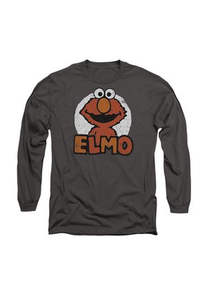 Langarm-T-Shirt in Dunkelgrau mit einem großen, strukturierten Grafik von Elmos Gesicht in Orange und Weiß, das auffällige Augen und den Namen "ELMO" in fetten Buchstaben zeigt.