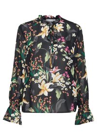 Långärmad blus i svart chiffon med ett blommigt mönster i gult, rosa och grönt. Volangkrage och rynkade mudd.