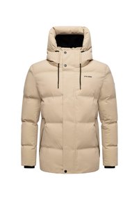 Beige puffjacka med hög krage, huva, dragkedjestängning och svarta detaljer. Har kviltade sektioner och dragsko vid huvan.