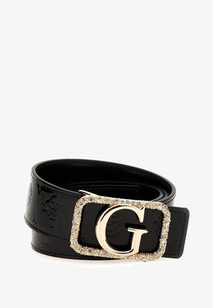 Cintura in vernice nera con una fibbia dorata ornate e sollevata con una "G" e decorata con cristalli trasparenti attorno ai bordi.