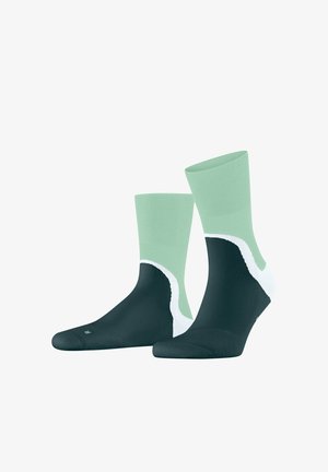 Paire de chaussettes mi-mollet avec pied et cheville inférieure vert sarcelle foncé, cheville supérieure vert menthe, et accents incurvés blancs sur les côtés.
