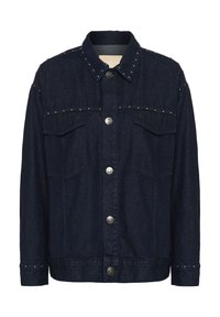 Temno modra denim jakna s srebrnimi okraski, zapiranje na gumb, dvema žepoma na prsih in klasičnim ovratnikom. Teksturna tkanina.