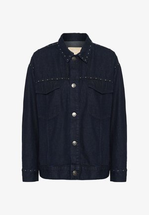 Tumši zili džinsu jaka ar sudraba kniedēm, pogām aizdaram, divām krūšu kabatām un klasisku apkakles dizainu. Tekstūrēta auduma.