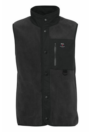 Black fleece vest with a high collar, button closure, zippered chest pocket, and two side pockets; features a mix of textures.