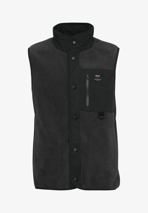 Black fleece vest with a high collar, button closure, zippered chest pocket, and two side pockets; features a mix of textures.