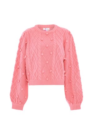 Różowy sweter dziany z wzorami warkoczy i okrągłych guzików, długie bufiaste rękawy, ściągacze na rękawach i dole, oraz okrągły dekolt.
