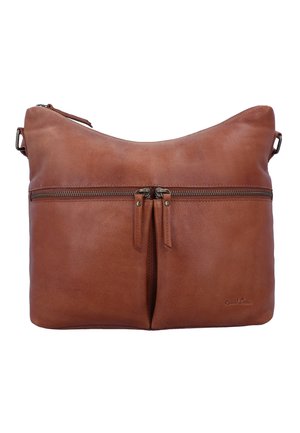 Braune Leder-Schultertasche mit vorderer Reißverschlusstasche und zwei Reißverschluss-Schiebern, weicher Textur und verstellbaren Gurtbefestigungen an den Seiten.