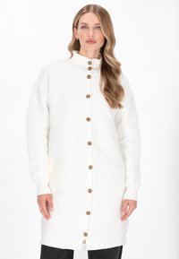 Długi biały kardigan z teksturowanym wzorem w zygzak, z wysokim kołnierzem i brązowymi guzikami z przodu. Miękka, prążkowana dzianina.