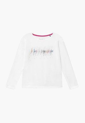 White long-sleeve shirt with round neckline and multicolor dotted text design across the chest.