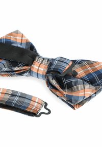 Kratkowy muszka w kolorach niebieskim, pomarańczowym i czarnym. Posiada błyszczący czarny regulowany pasek oraz teksturowany materiał z gładkimi krawędziami.