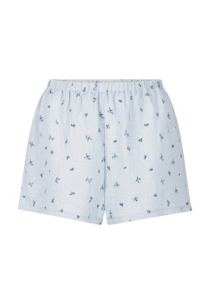 Shorts en coton bleu clair avec une taille élastique, présentant un délicat motif floral en bleu foncé et une texture subtile.