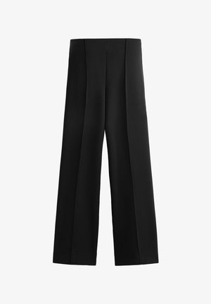 Zwart wijde broek gemaakt van een gladde stof, met een hoge taille en verticale plooien die naar beneden lopen voor een gestructureerd ontwerp.