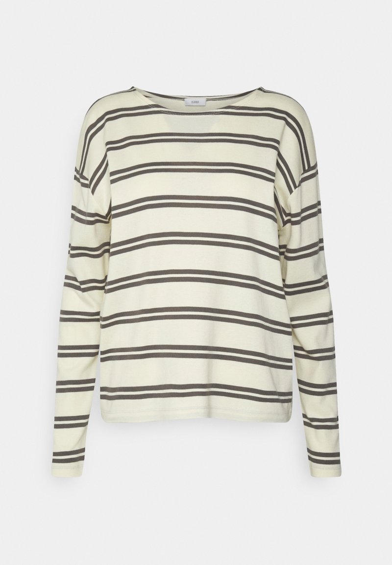 Langarmshirt in Creme mit braunen horizontalen Streifen, mit rundem Ausschnitt und lässiger Passform, aus weichem, glattem Stoff hergestellt.