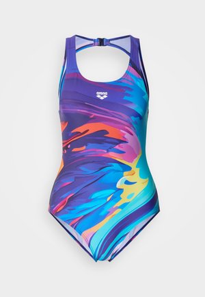 Üheosaline ujumistrikoo, millel on lillas, sinises ja oranžis värvis abstraktne mitmevärviline muster. Valmistatud siledast ja elastse materjaliga, millel on racerback-kujundus.