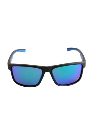 Gafas de sol rectangulares negras con lentes reflectantes azul-verde y varillas interiores azules, mostradas desde el frente sobre un fondo blanco.